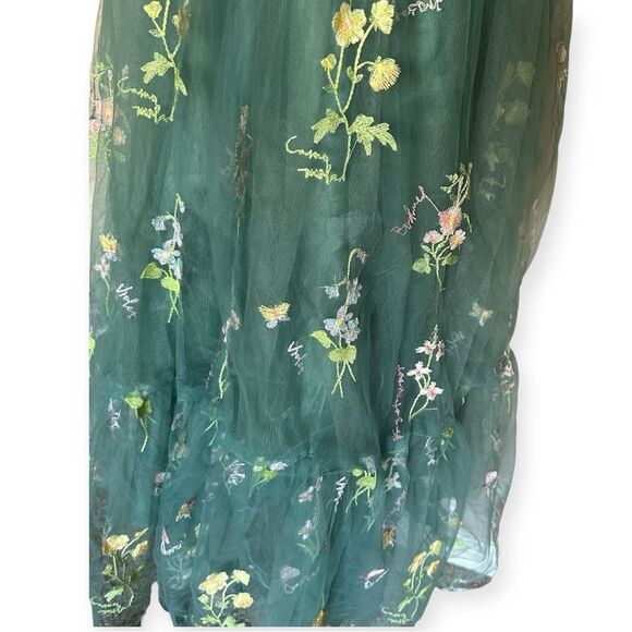 Corset Floral Embroidered Green Ruched Layered Tulle Flower  Midi Prom Dress - Picture 8 of 13